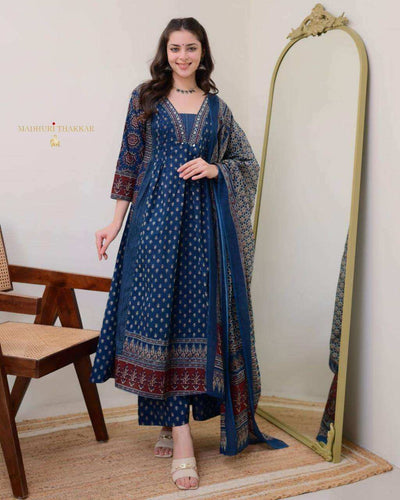 Women's Cotton Printed A Line Premium Kurti with Pant and Dupatta set - Alternative view