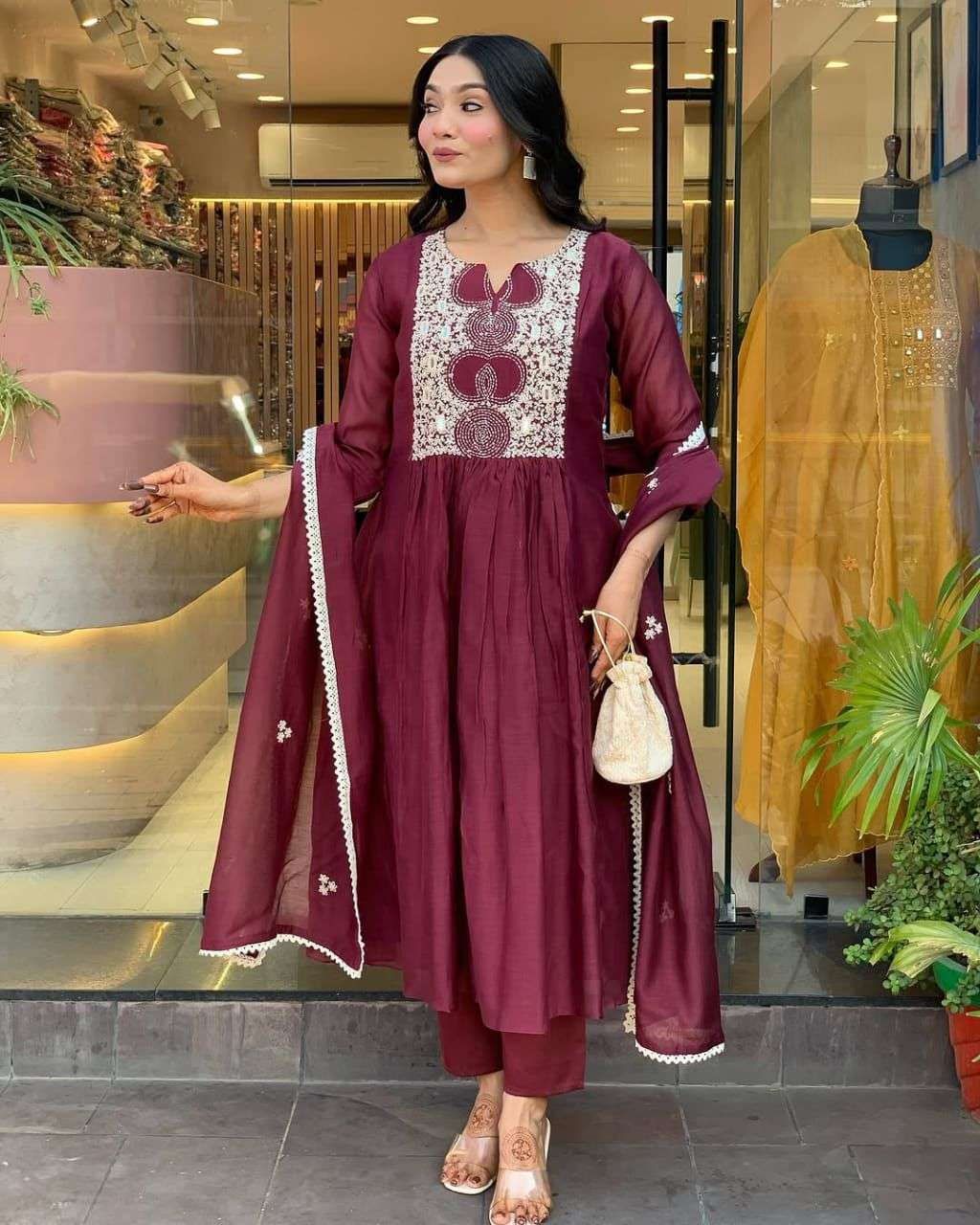 Women's Cotton Printed Anarkali Kurti With Pant and Mulmul Dupatta Set