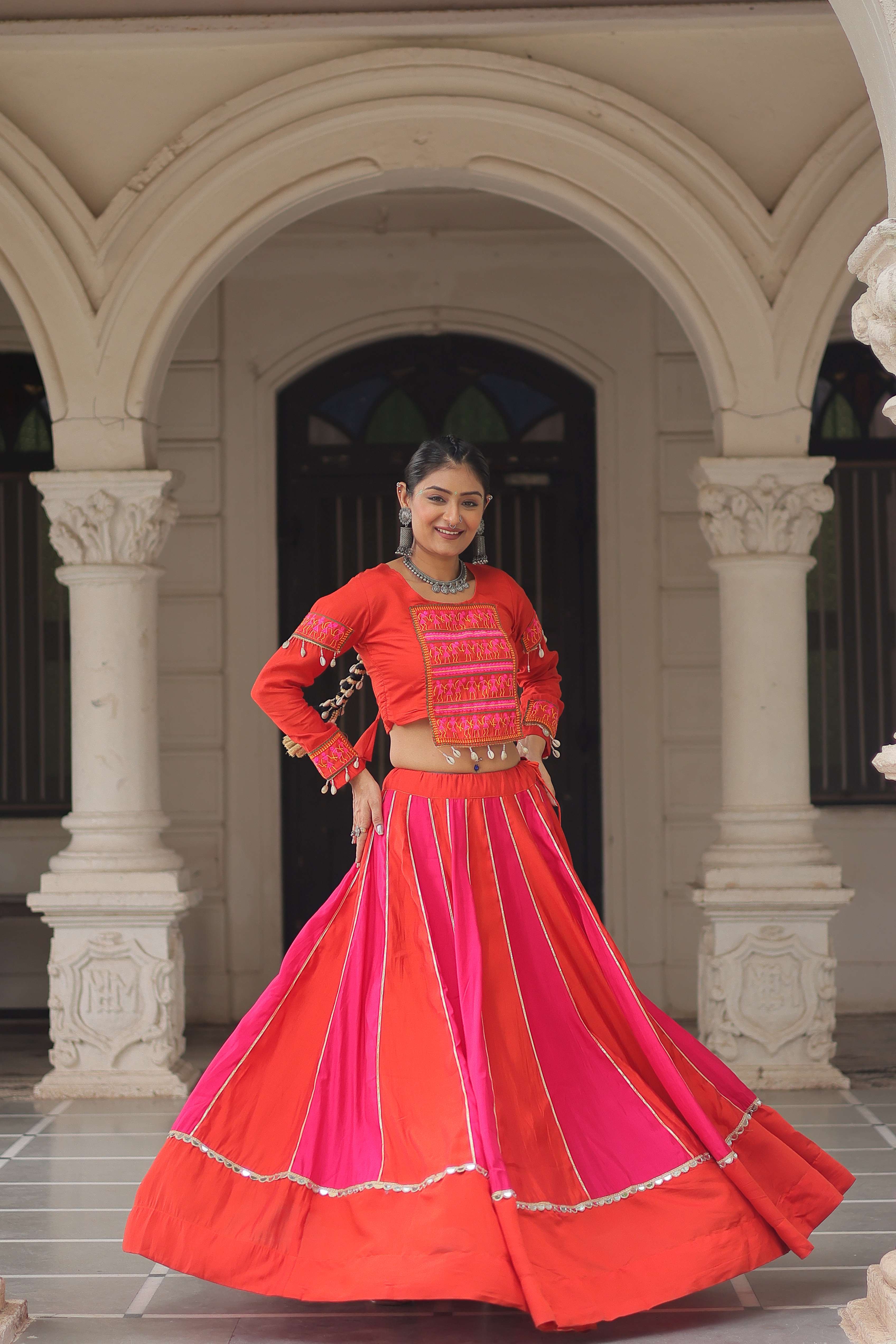 Roman Fabric Mirror-Embellished Navratri Lehenga Choli Set