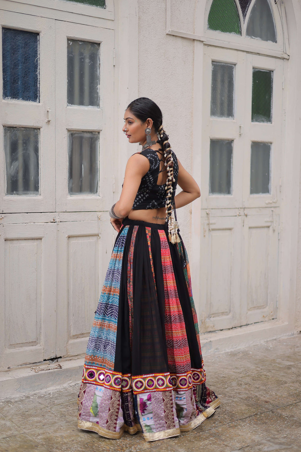 Georgette Printed Navratri Lehenga Choli Set with Sleeveless Top