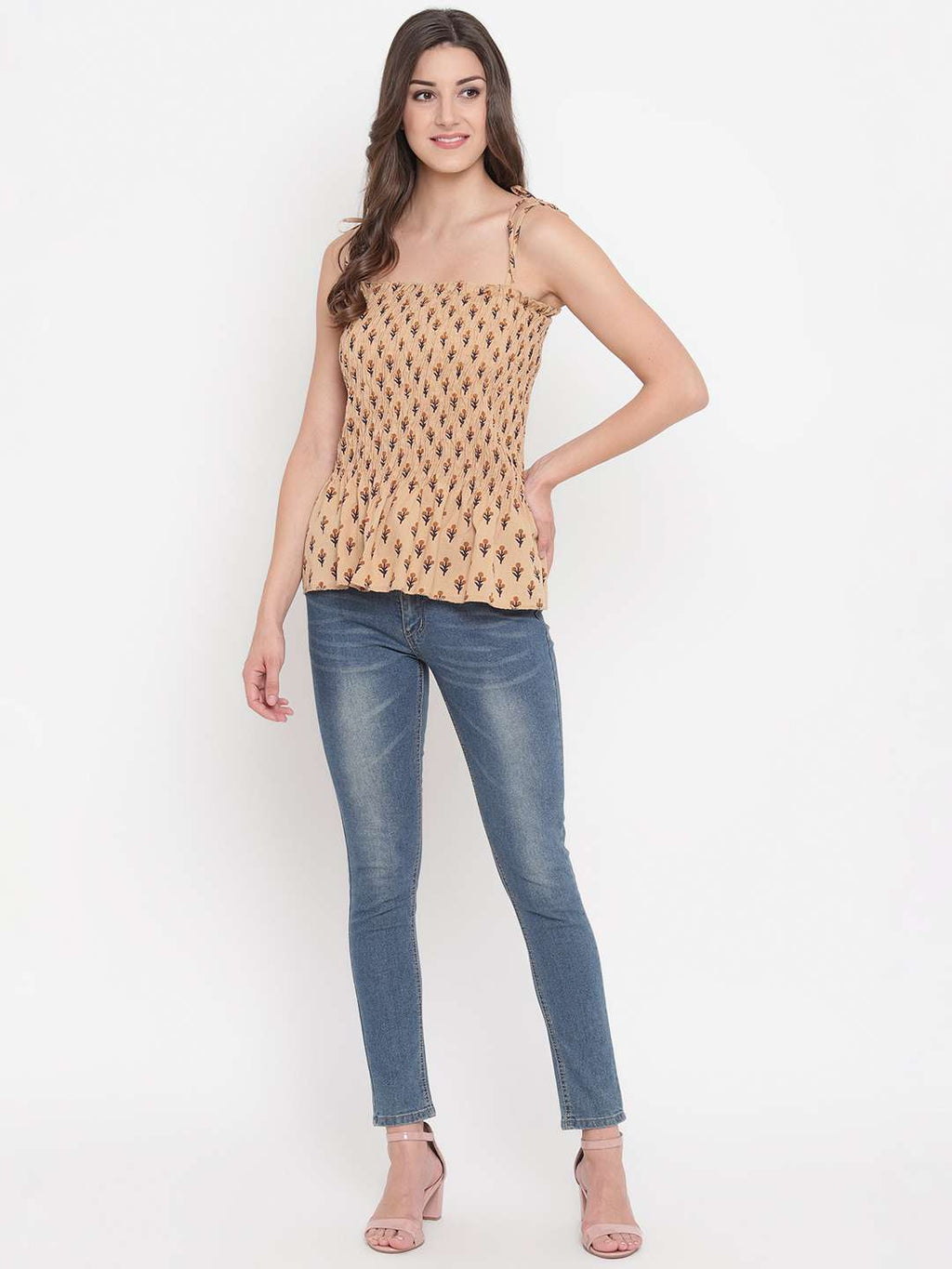 Women's Rayon Elephant Print Casual Summer Style Tie Shoulder Straps Free Size Tank Top ( Brown Beige)