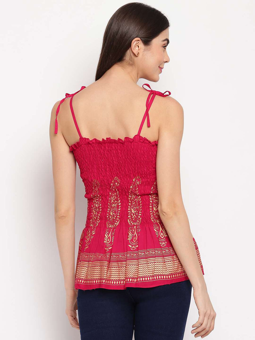 Women's Rayon Printed Casual Summer Style Tie Shoulder Straps Free Size Tank Top ( Maroon Gold Pattern)