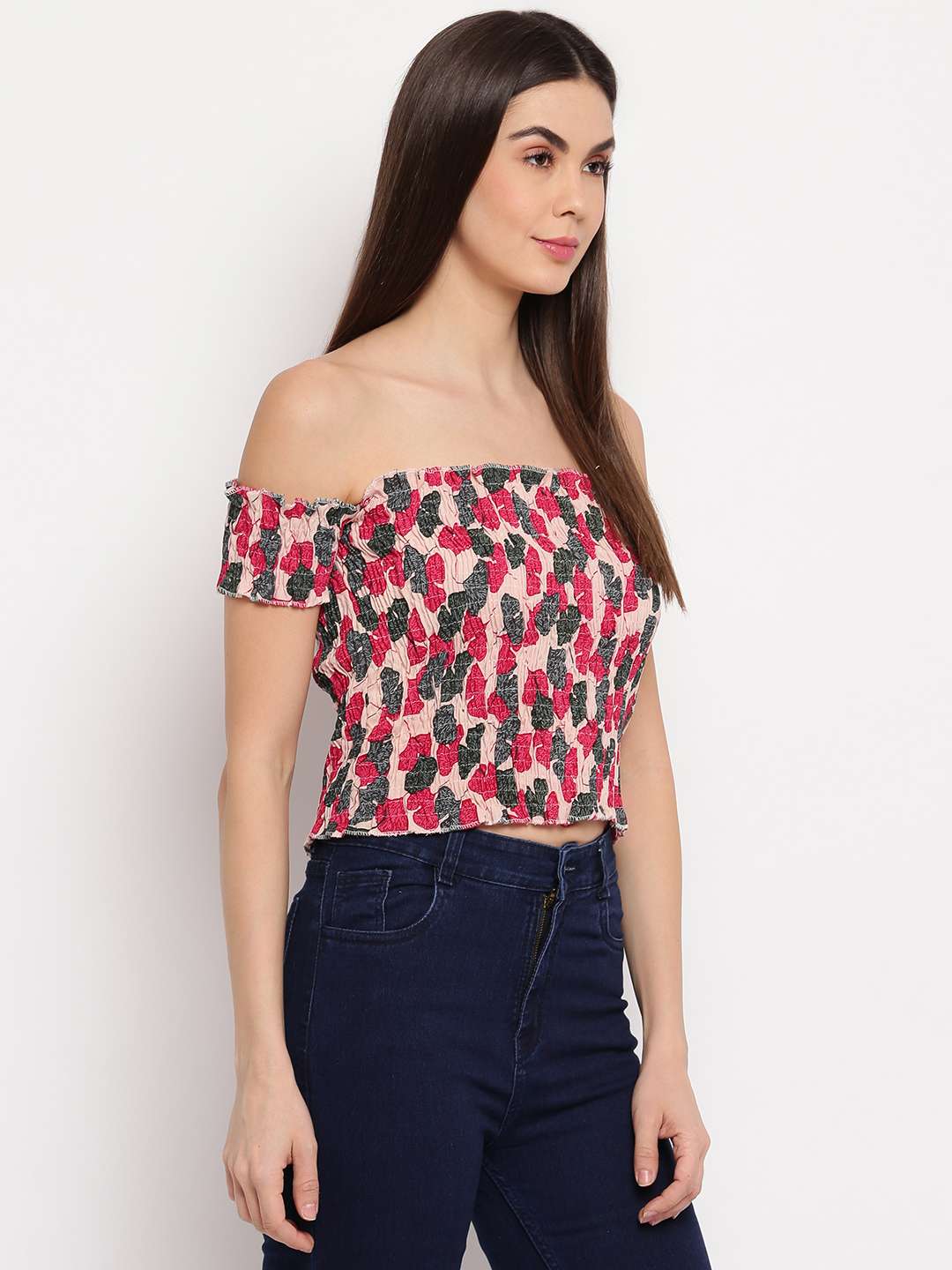 Women's Rayon Printed Off-Shoulder Smocked Crop Top Short Sleeve Casual Styles Tank Top (FREE SIZE) Multi35