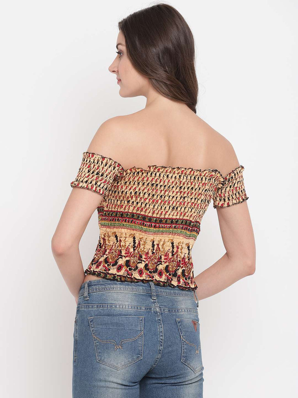 Women's Rayon Printed Off-Shoulder Smocked Crop Top Short Sleeve Casual Styles Tank Top (FREE SIZE) Multi4