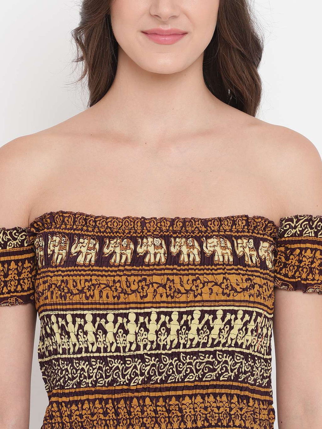 Women's Rayon Printed Off-Shoulder Smocked Crop Top Short Sleeve Casual Styles Tank Top (FREE SIZE) Multi5