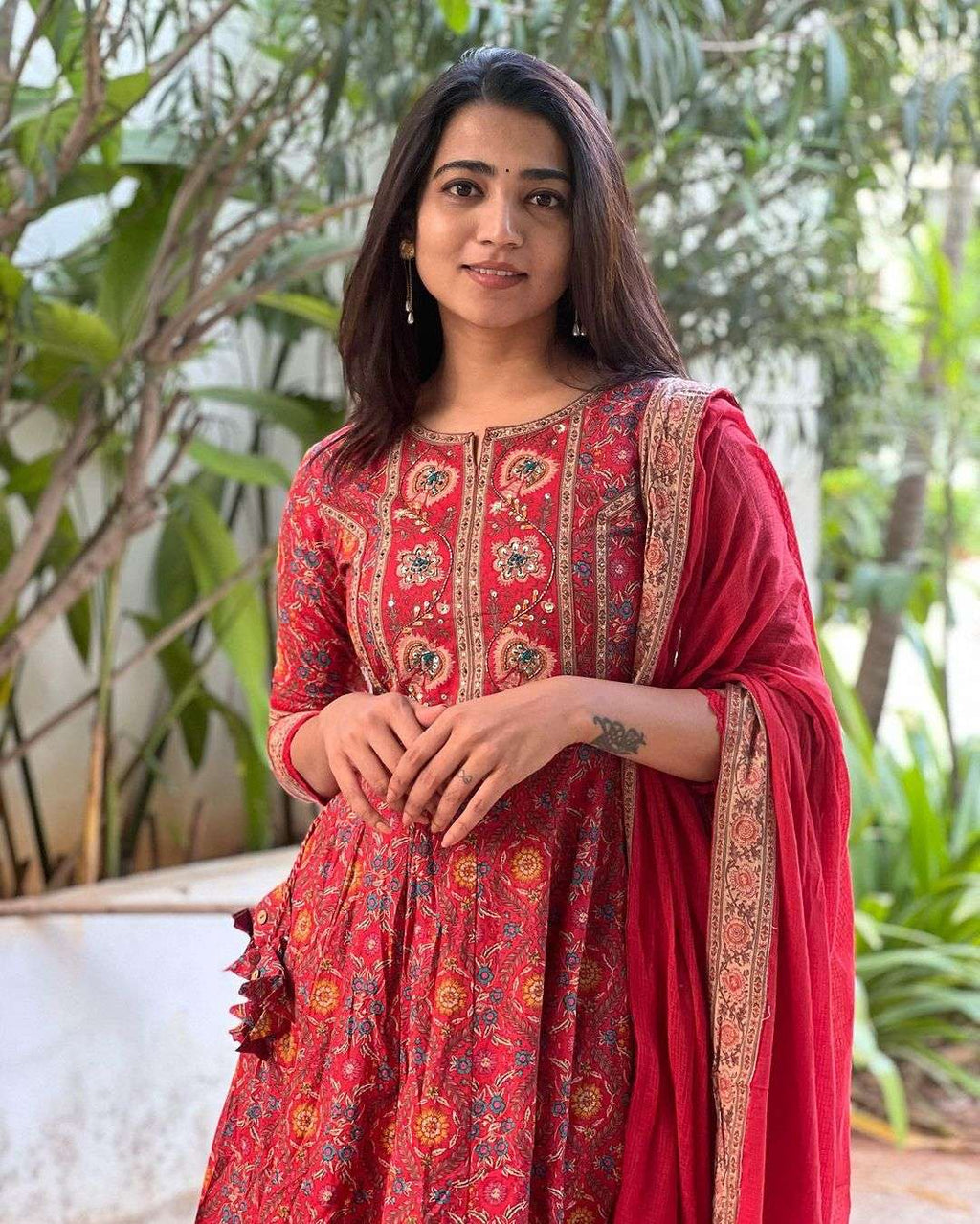 Women's Cotton Anarkali Embroidery Designer Long Anarkali Kurti With Pant and Dupatta Set (Red)