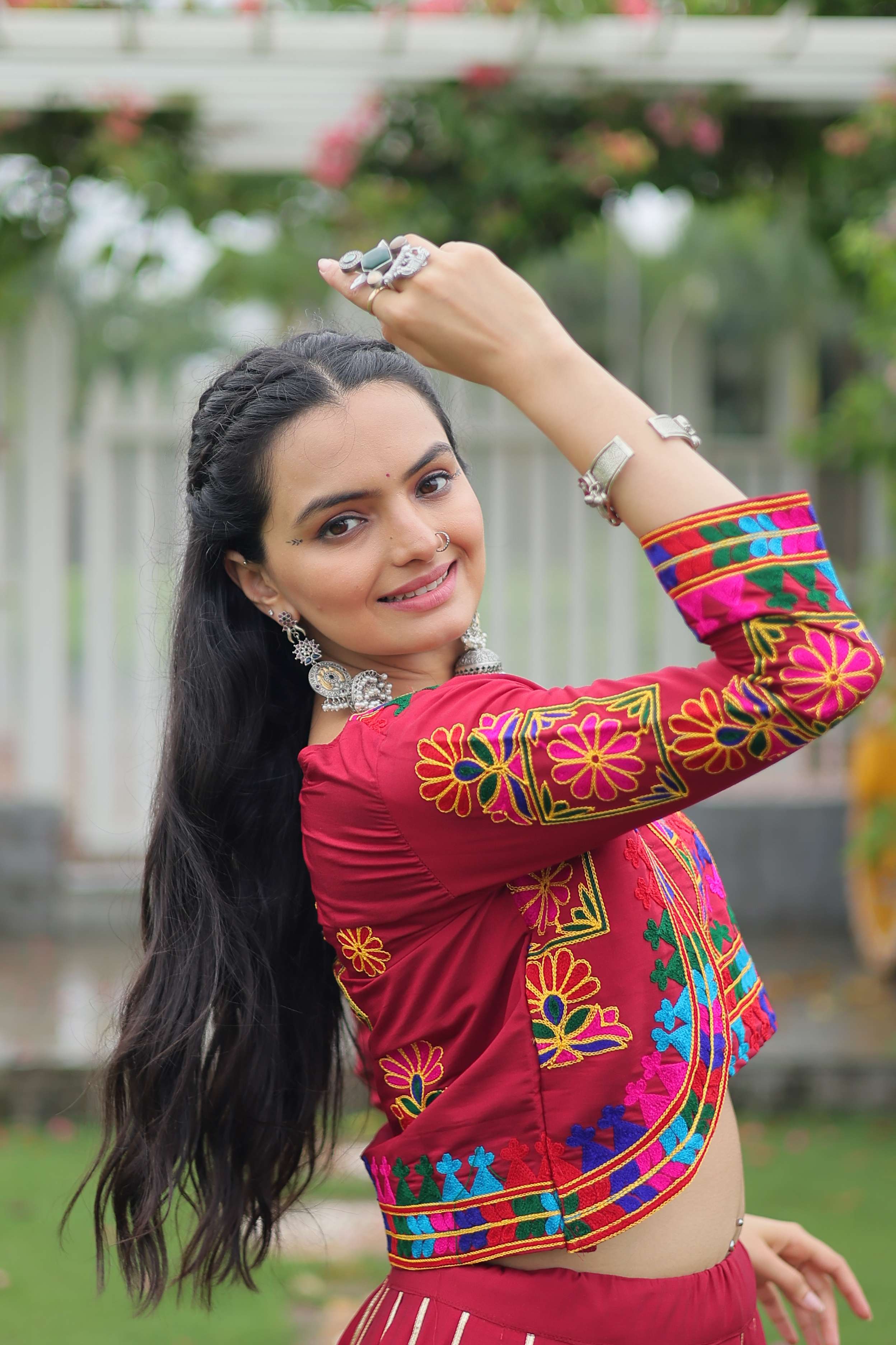 Vibrant Roman Fabric Navratri Lehenga Choli Set with Koti Blouse