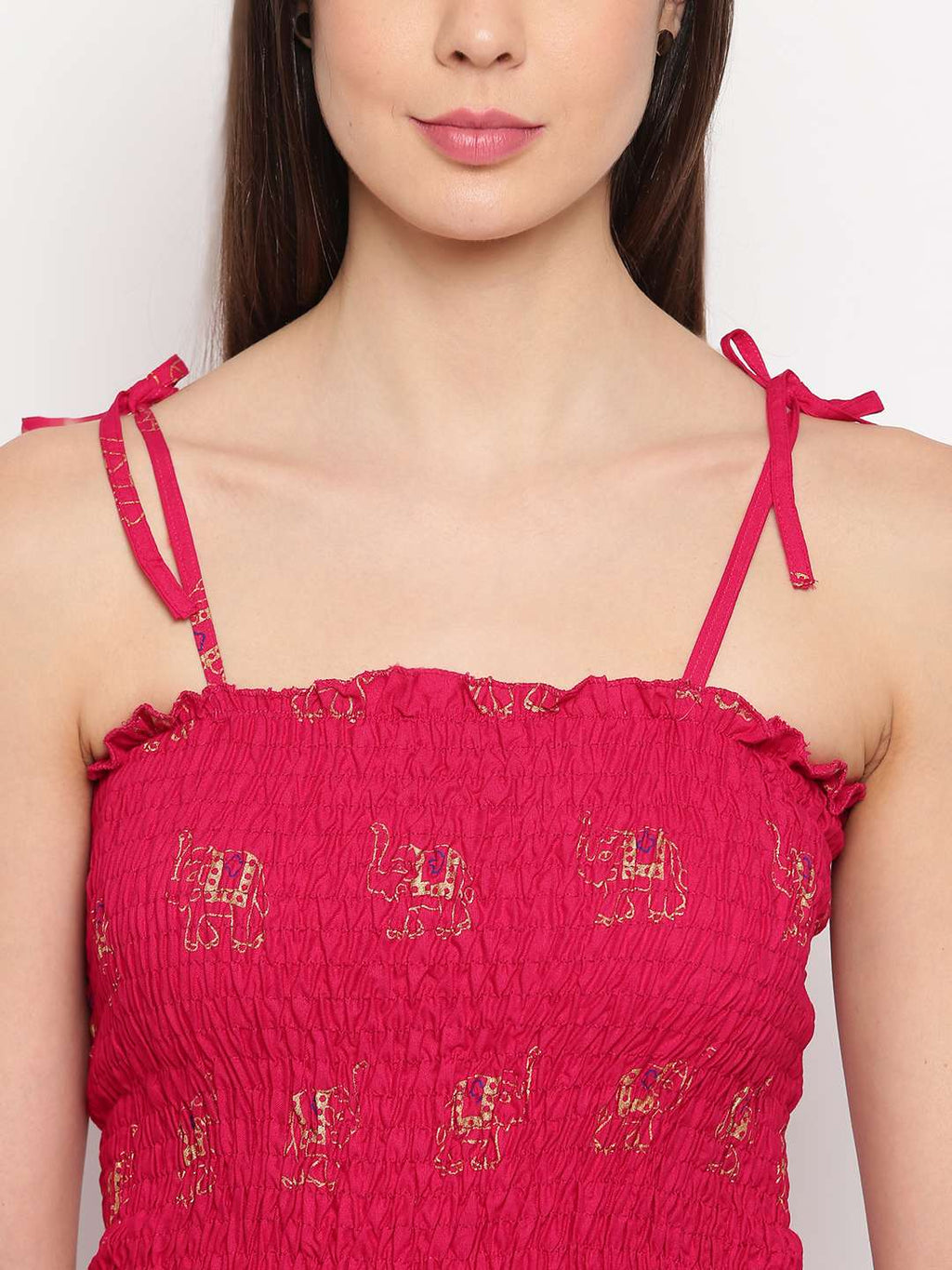 Women's Rayon Elephant Print Casual Summer Style Tie Shoulder Straps Free Size Tank Top ( Maroon Gold Pattern)