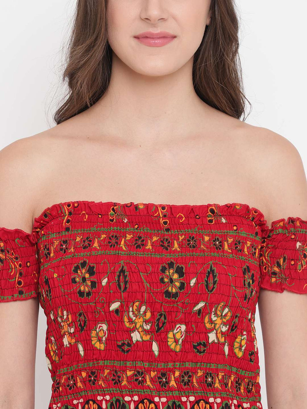 Women's Rayon Printed Off-Shoulder Smocked Crop Top Short Sleeve Casual Styles Tank Top (FREE SIZE) Multi6