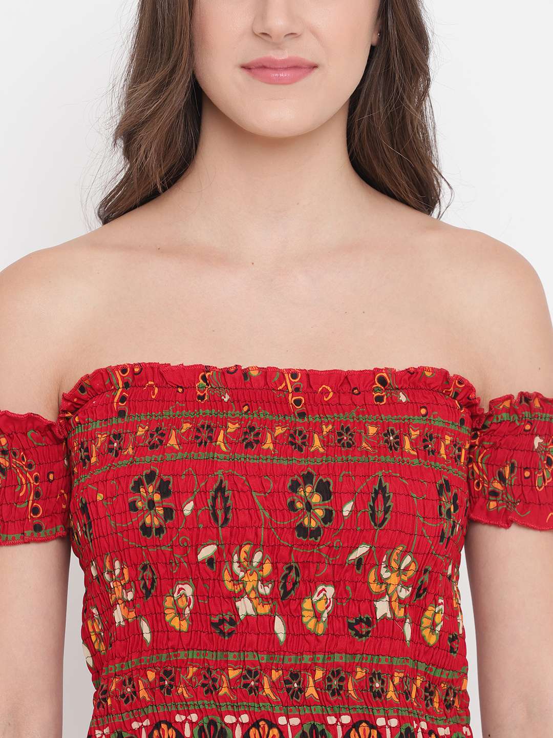 Women's Rayon Printed Off-Shoulder Smocked Crop Top Short Sleeve Casual Styles Tank Top (FREE SIZE) Multi6