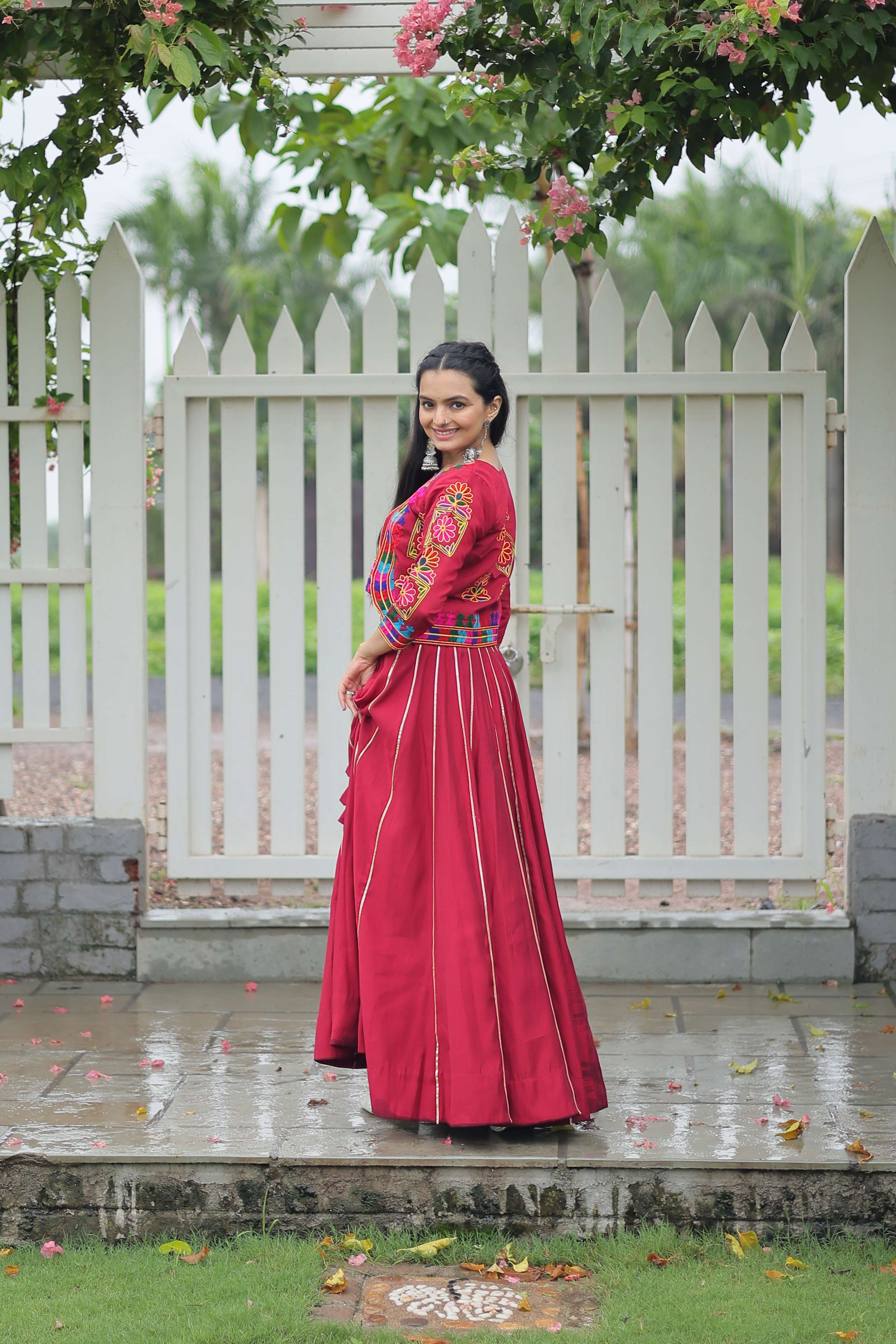 Vibrant Roman Fabric Navratri Lehenga Choli Set with Koti Blouse