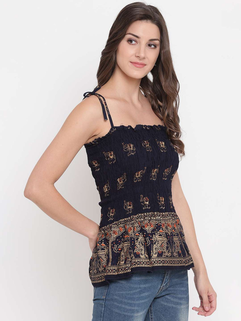 Women's Rayon Elephant Print Casual Summer Style Tie Shoulder Straps Free Size Tank Top ( Navy Blue Gold Pattern)