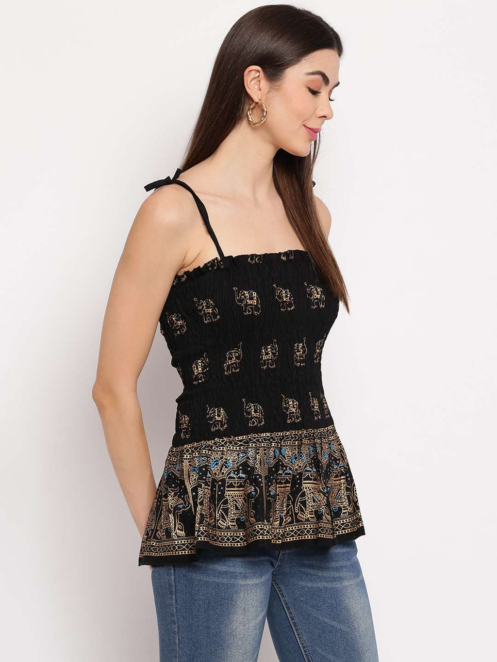 Women's Rayon Elephant Print Casual Summer Style Tie Shoulder Straps Free Size Tank Top ( Black Gold Pattern)