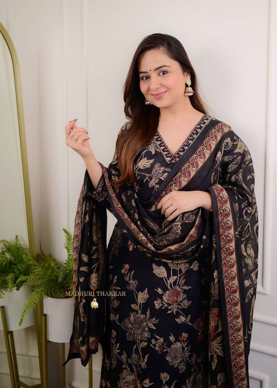 Women's Cotton Floral Printed Straight Kurti With Afghani Style Pant and Dupatta Set (Black)