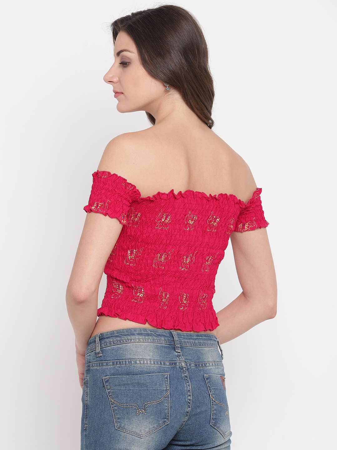 Women's Rayon Printed Off-Shoulder Smocked Crop Top Short Sleeve Casual Styles Tank Top (FREE SIZE) Multi14