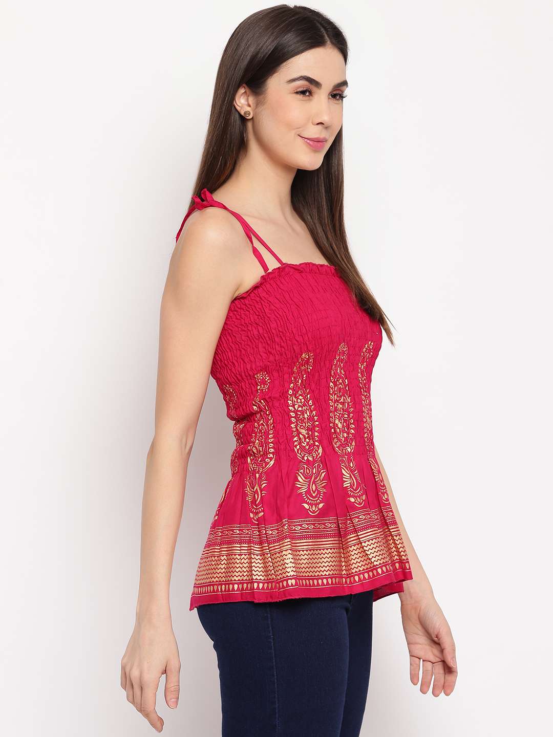 Women's Rayon Printed Casual Summer Style Tie Shoulder Straps Free Size Tank Top ( Maroon Gold Pattern)