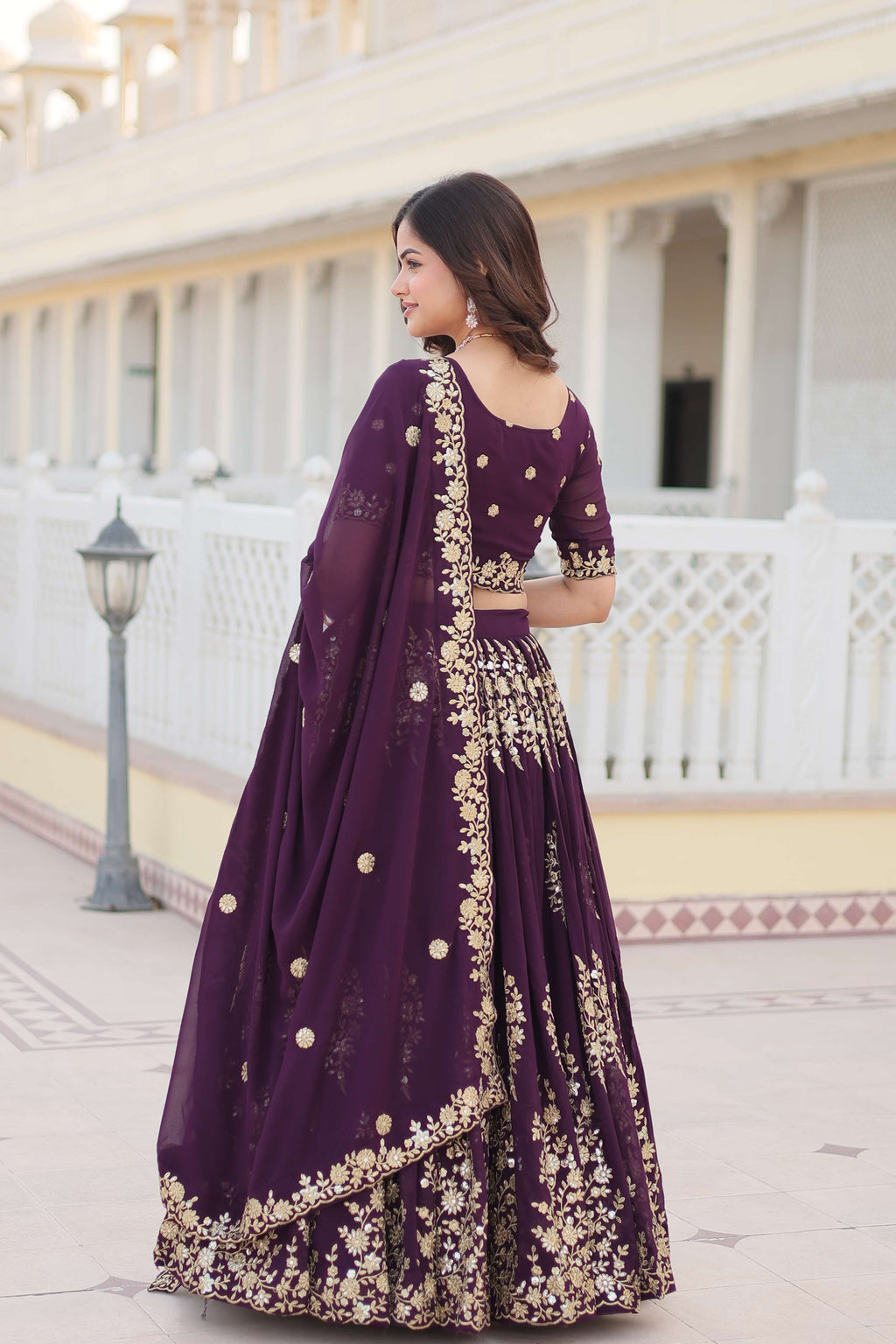 Wine Georgette Lehenga Choli with Sequins Embroidered Dupatta
