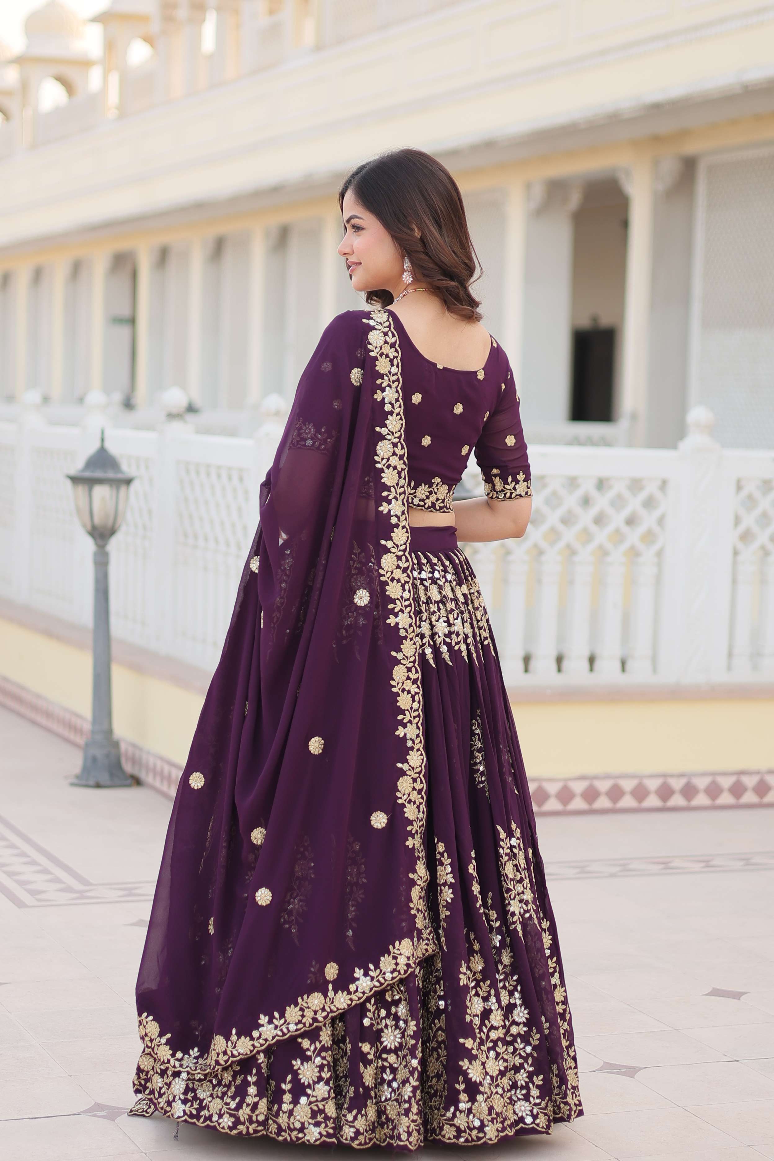 Wine Georgette Lehenga Choli with Sequins Embroidered Dupatta