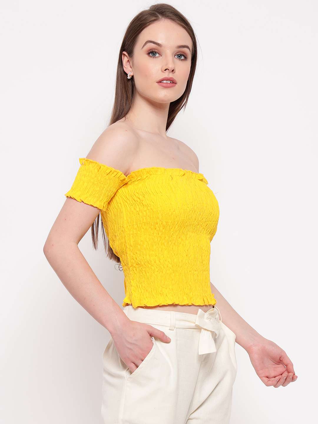 Women's Rayon Solid Off-Shoulder Smocked Crop Top Short Sleeve Casual Styles Tank Top (FREE SIZE) Multi31