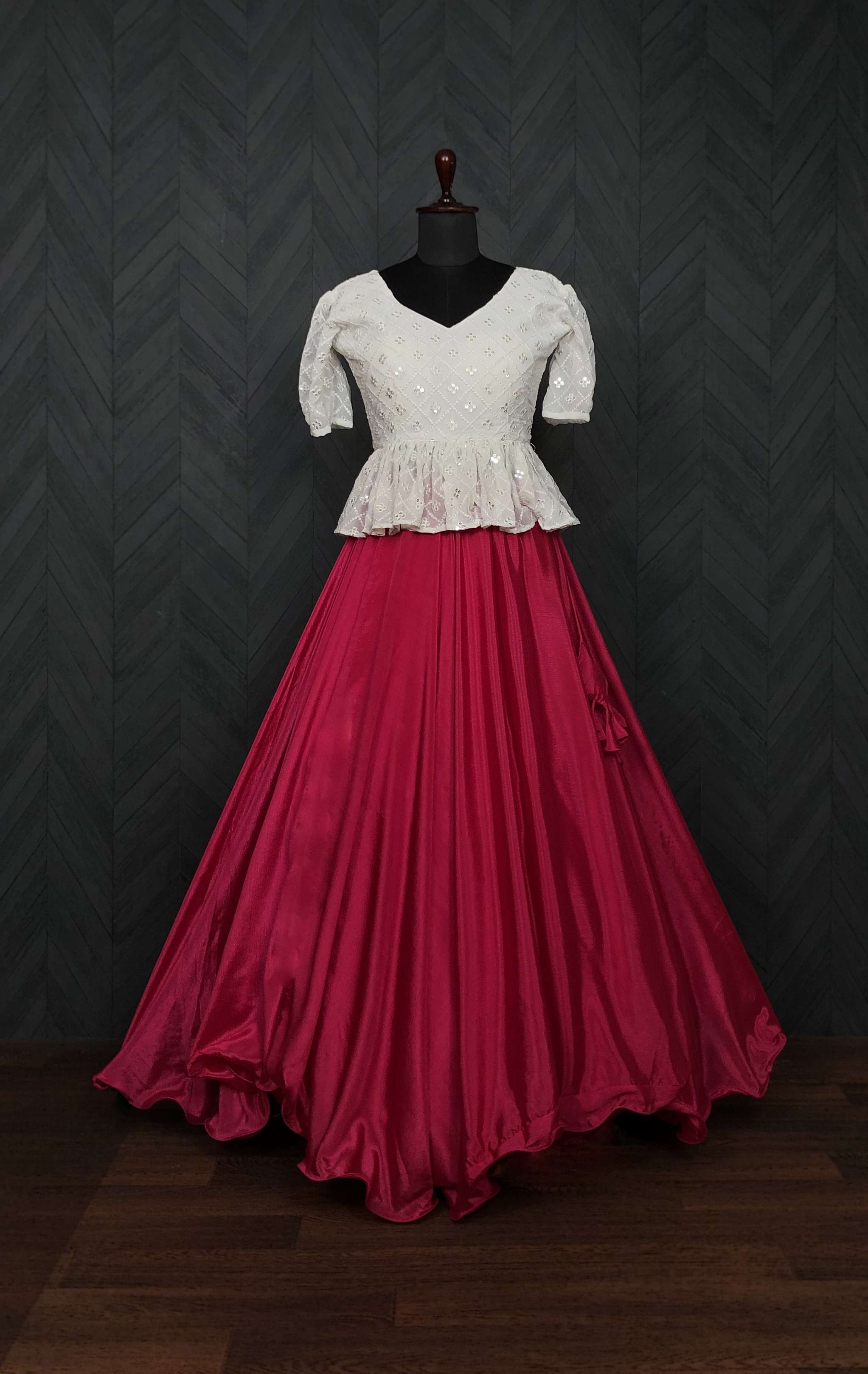 Premium Chinnon Umbrella Flair Lehenga with Chikankari Embroidered Peplum Blouse