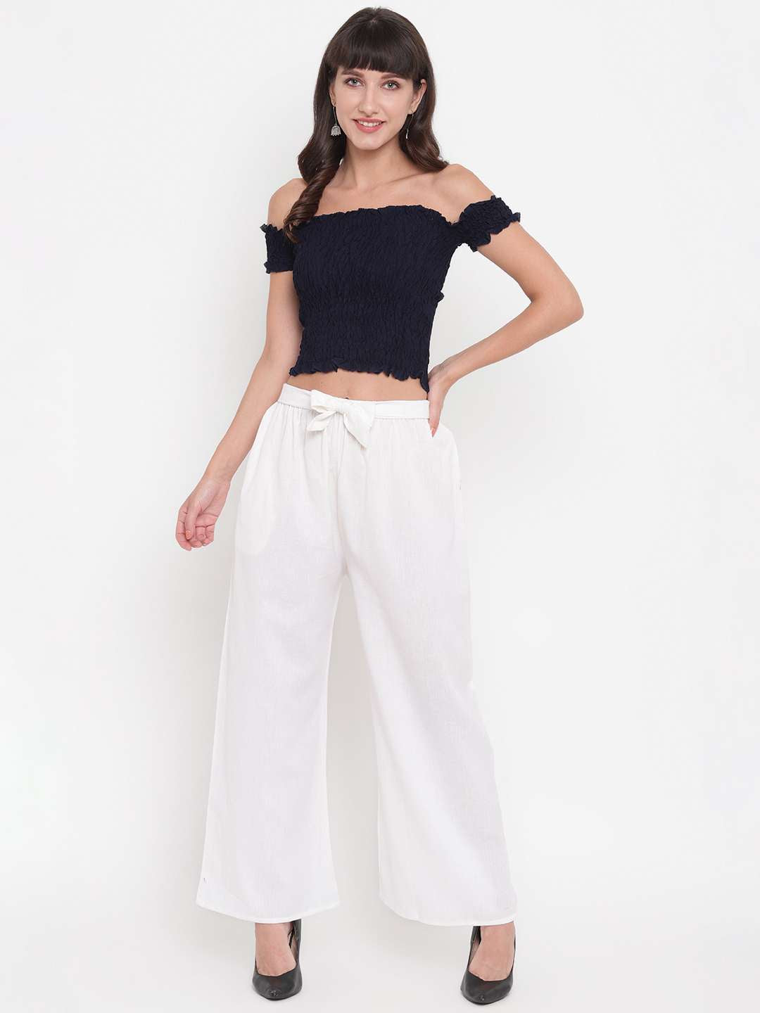 Women's Rayon Solid Off-Shoulder Smocked Crop Top Short Sleeve Casual Styles Tank Top (FREE SIZE) Multi20