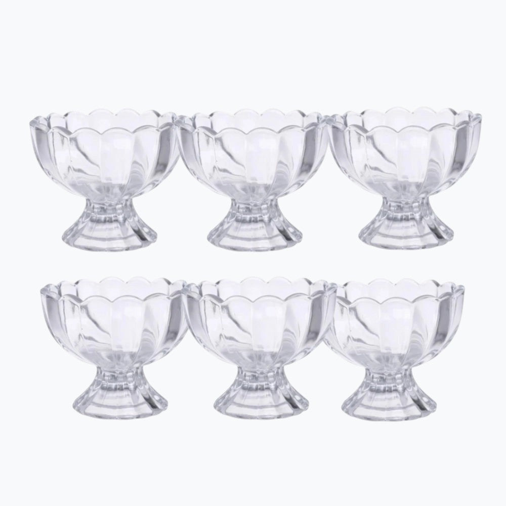 Artisan Mate set of six clear unbreakable plastic dessert bowls with a scalloped rim and stemmed base
