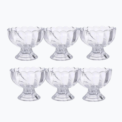 Artisan Mate set of six clear unbreakable plastic dessert bowls with a scalloped rim and stemmed base