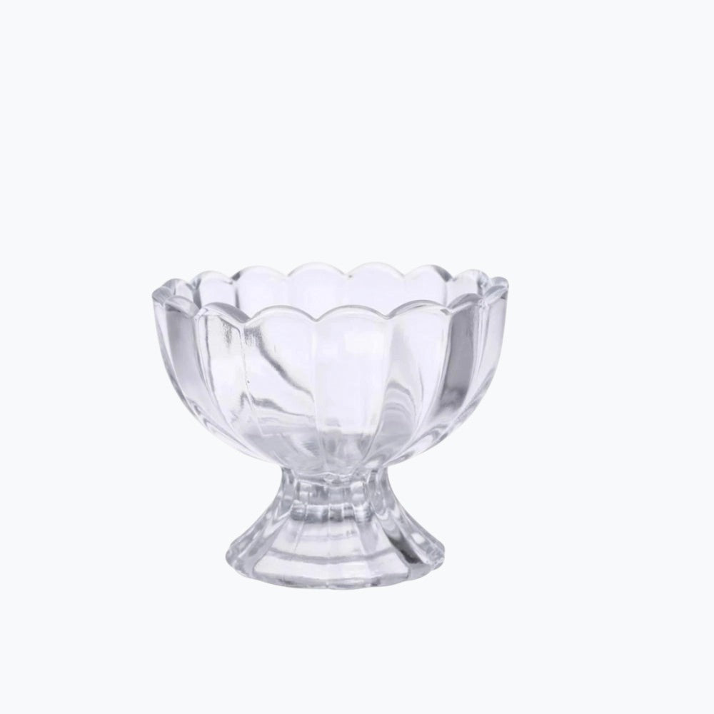 Artisan Mate set of six unbreakable clear plastic dessert bowls with a scalloped rim and stemmed base