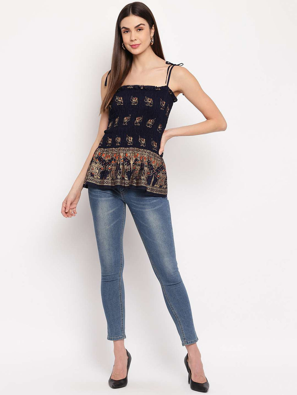 Women's Rayon Elephant Print Casual Summer Style Tie Shoulder Straps Free Size Tank Top ( Navy Blue1 Gold Pattern)