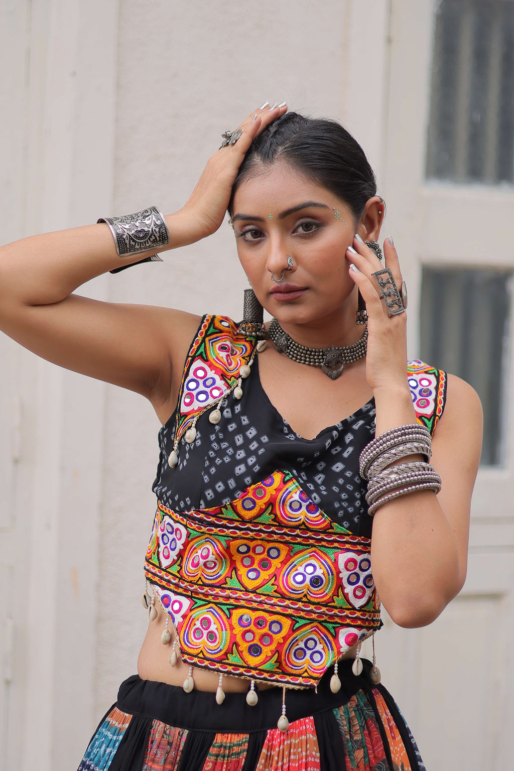 Georgette Printed Navratri Lehenga Choli Set with Sleeveless Top