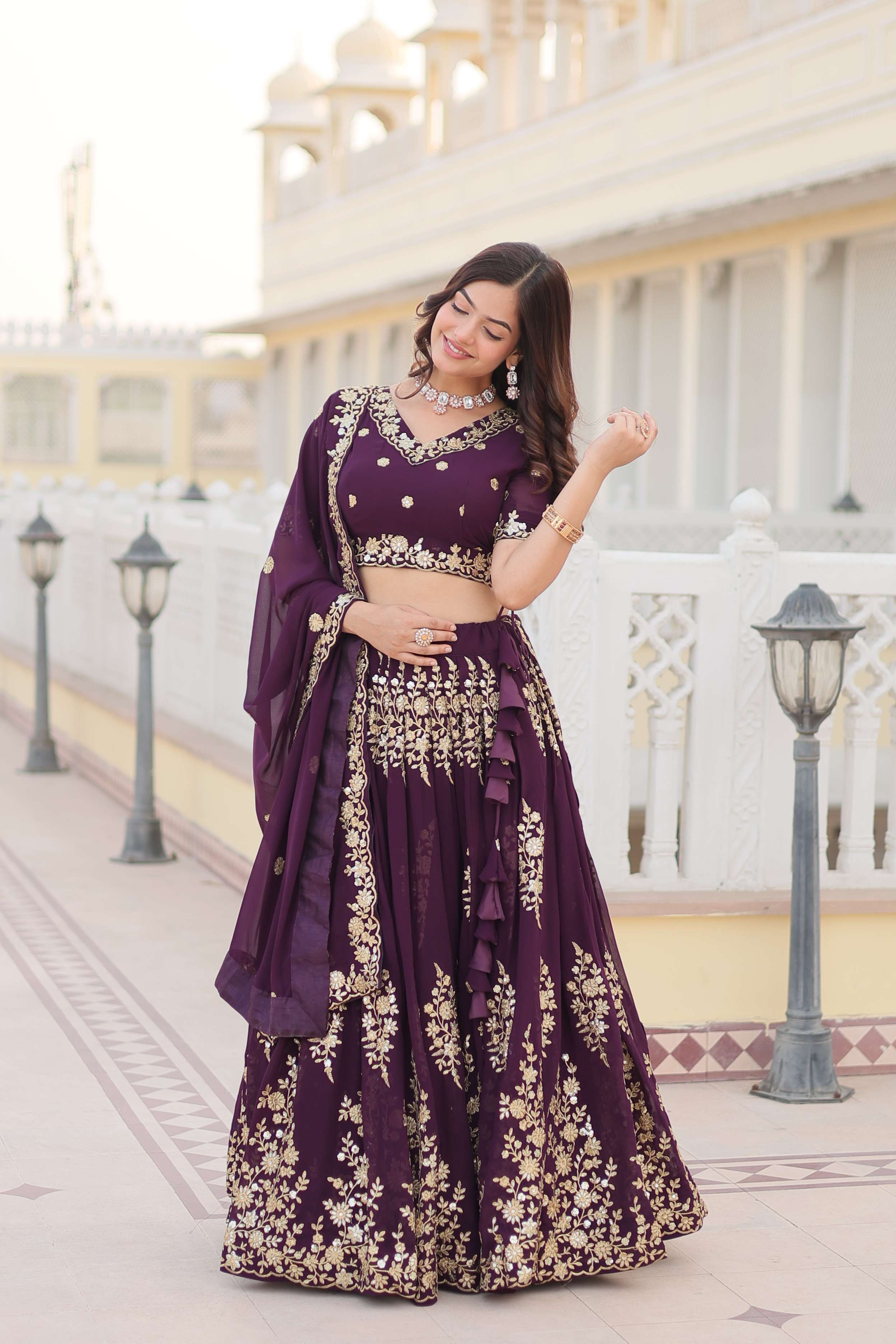 Wine Georgette Lehenga Choli with Sequins Embroidered Dupatta