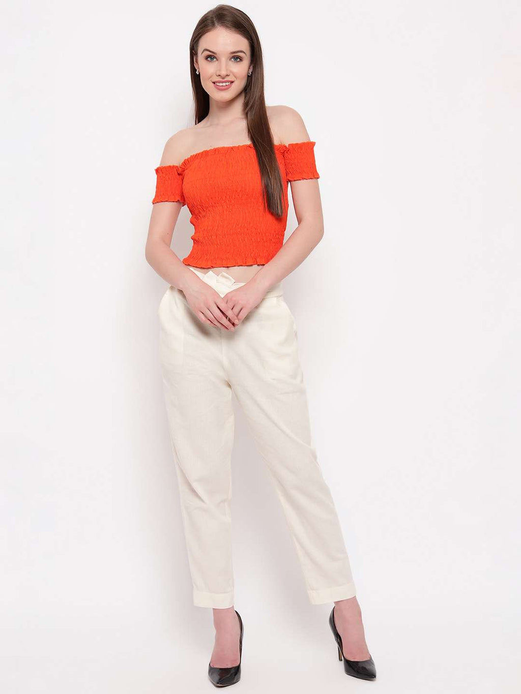 Women's Rayon Solid Off-Shoulder Smocked Crop Top Short Sleeve Casual Styles Tank Top (FREE SIZE) Multi25