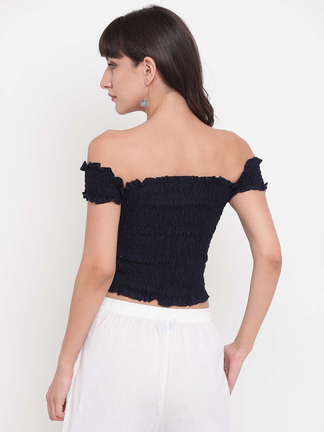 Women's Rayon Solid Off-Shoulder Smocked Crop Top Short Sleeve Casual Styles Tank Top (FREE SIZE) Multi20