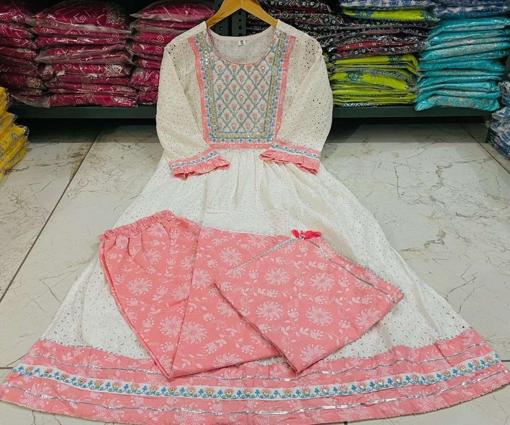 Women's Cotton Embroidered Nayra Cut Kurti With Pant and Dupatta Set