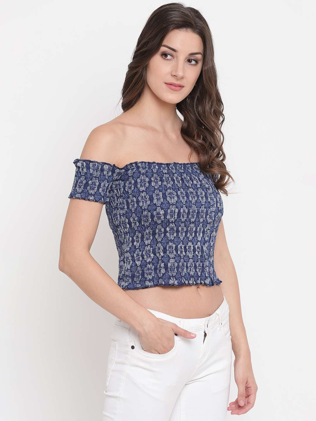 Women's Rayon Printed Off-Shoulder Smocked Crop Top Short Sleeve Casual Styles Tank Top (FREE SIZE) Multi42