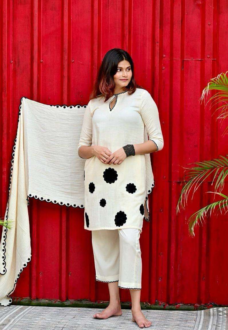 Women's Cotton Embroidered Floral patchwork Kurti with pant and Dupatta set