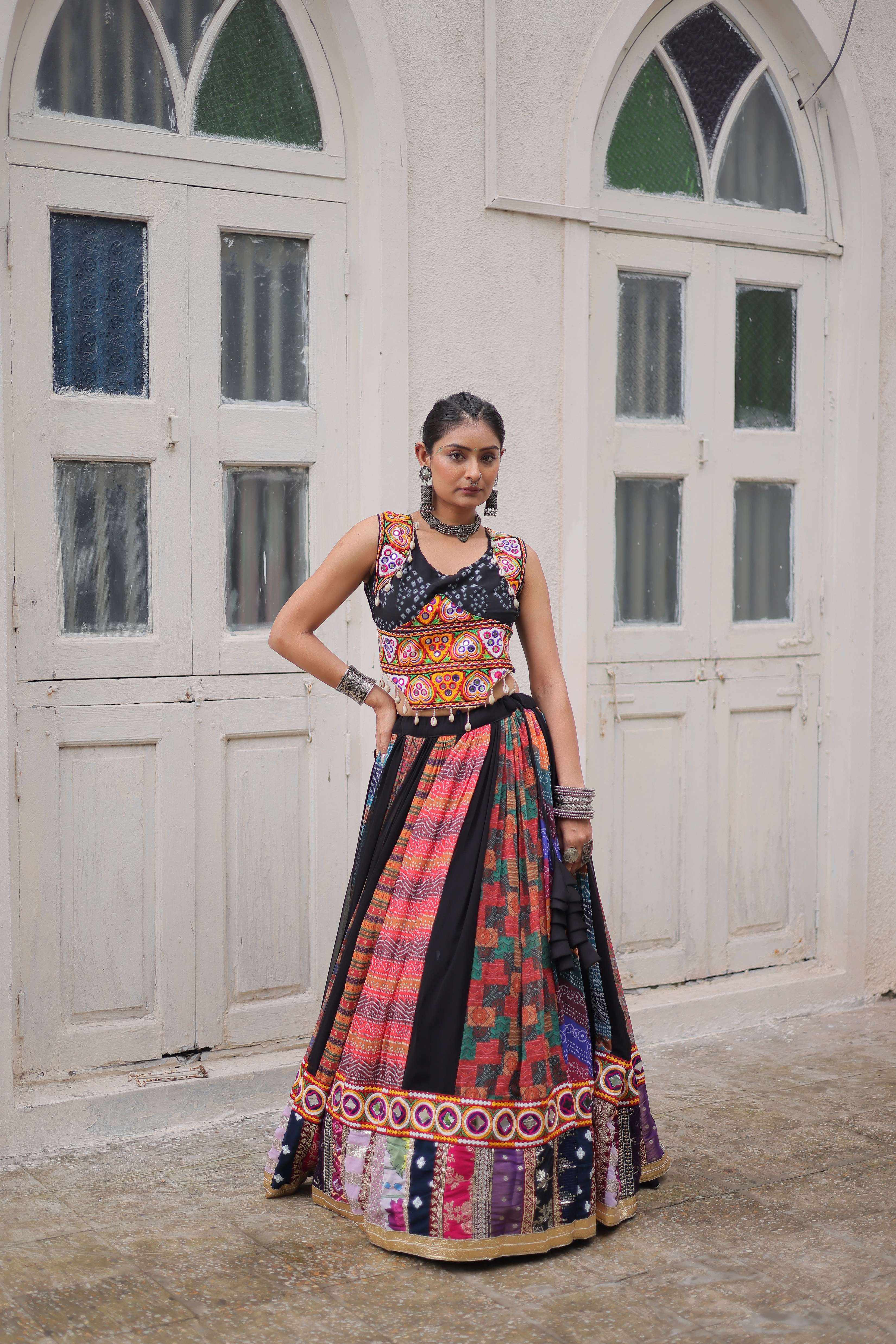 Georgette Printed Navratri Lehenga Choli Set with Sleeveless Top