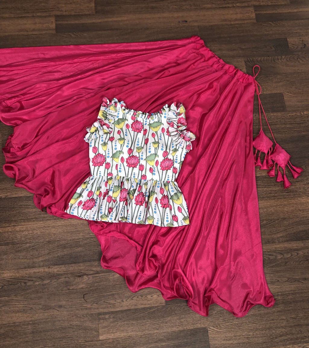 Premium Chinnon Lehenga with Kalamkari Print Maslin Satin Peplum Blouse