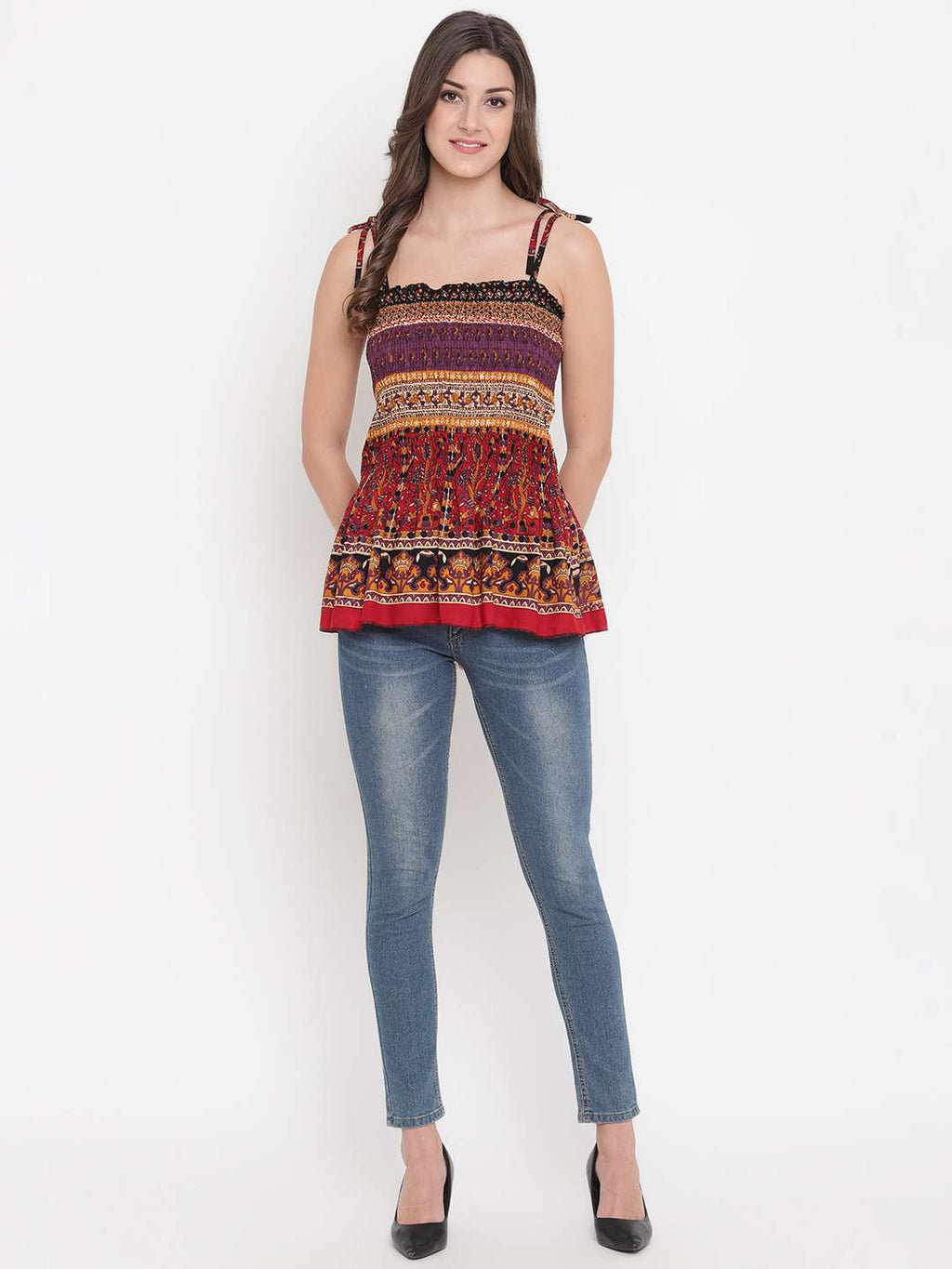 Women's Rayon Printed Casual Summer Style Tie Shoulder Straps Free Size Tank Top ( Multi8)