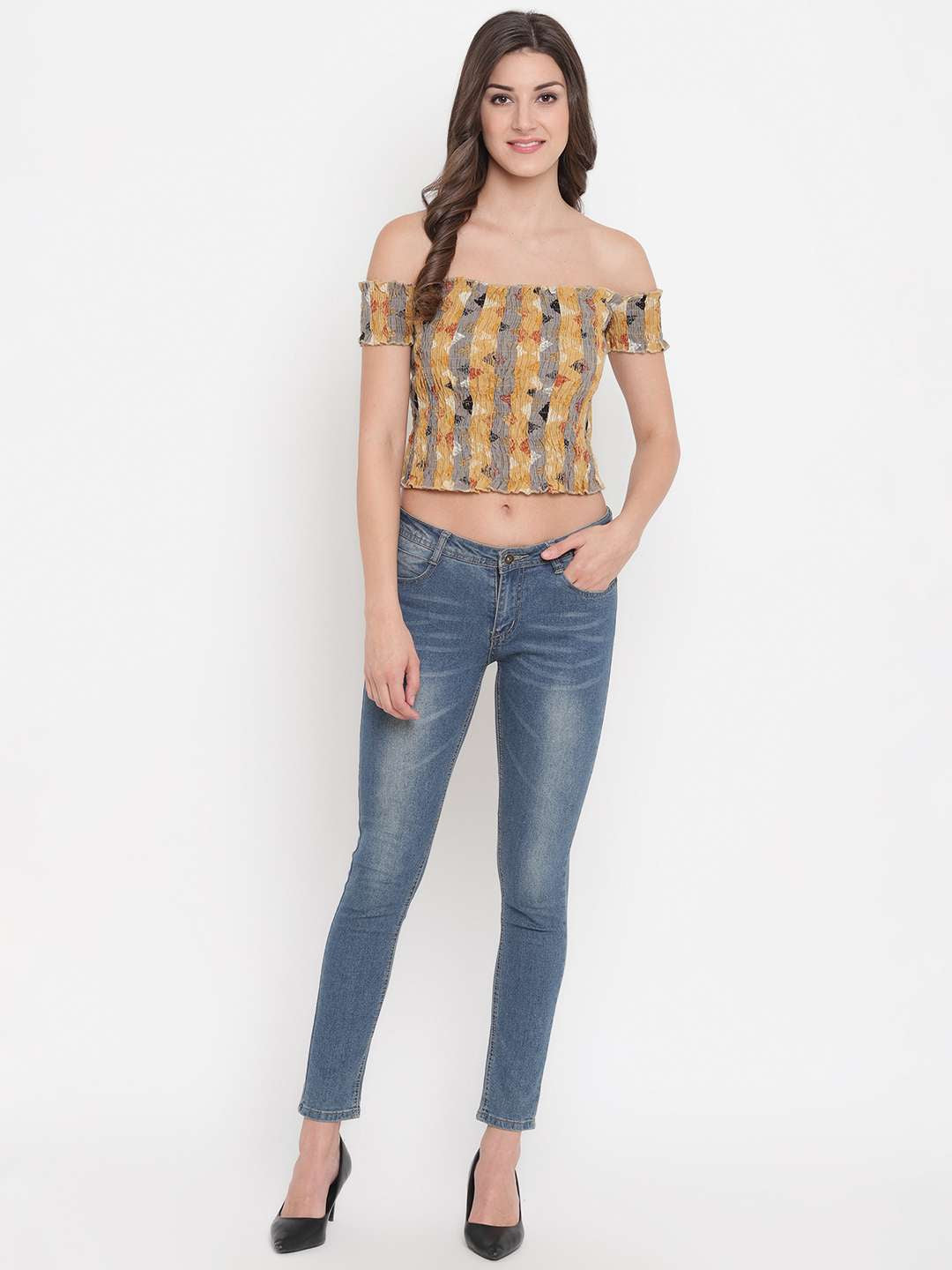 Women's Rayon Printed Off-Shoulder Smocked Crop Top Short Sleeve Casual Styles Tank Top (FREE SIZE) Multi40