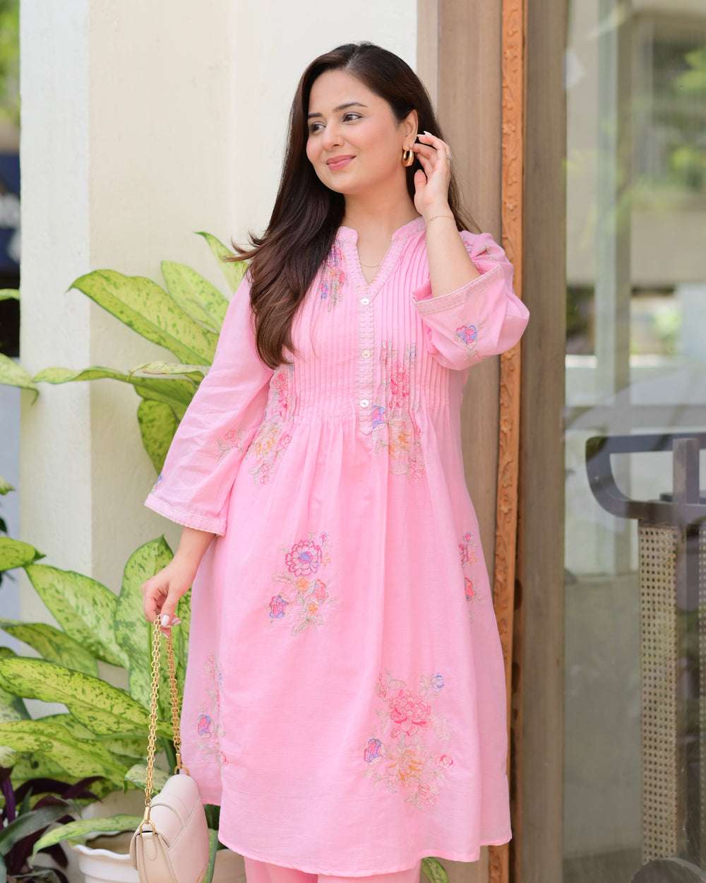 Women's Cotton Embroidery A-Line Kurti With Pant Set (Pink-M)