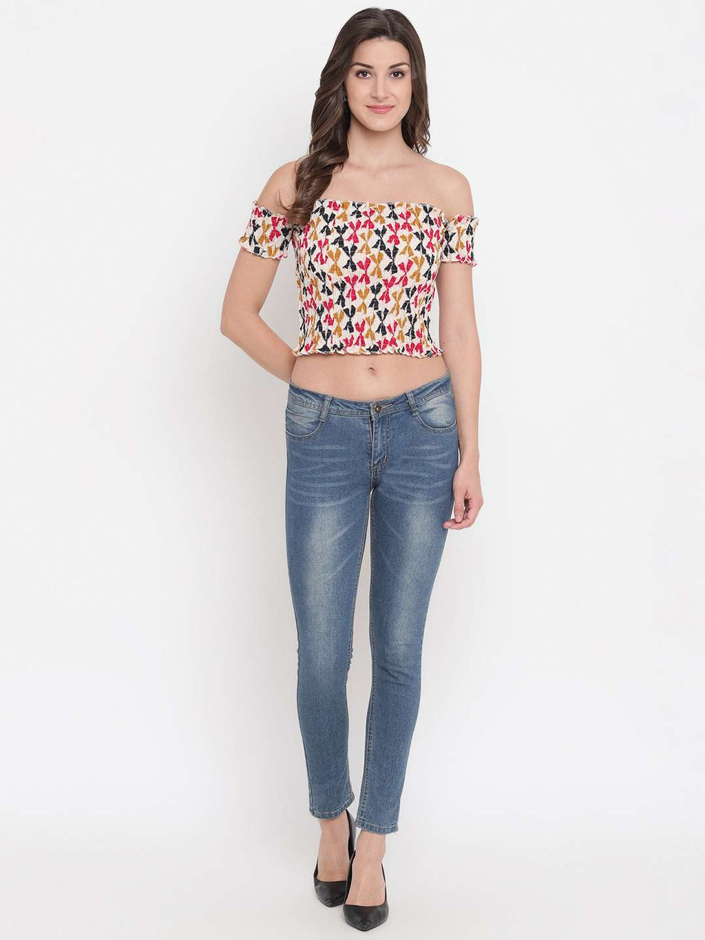 Women's Rayon Printed Off-Shoulder Smocked Crop Top Short Sleeve Casual Styles Tank Top (FREE SIZE) Multi31