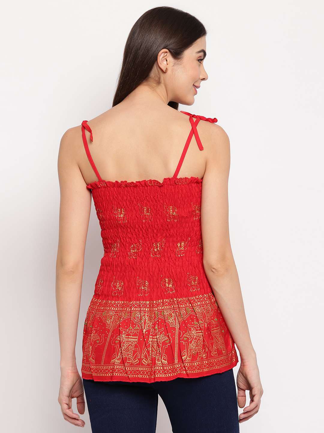 Women's Rayon Elephant Print Casual Summer Style Tie Shoulder Straps Free Size Tank Top ( Red Gold Pattern)