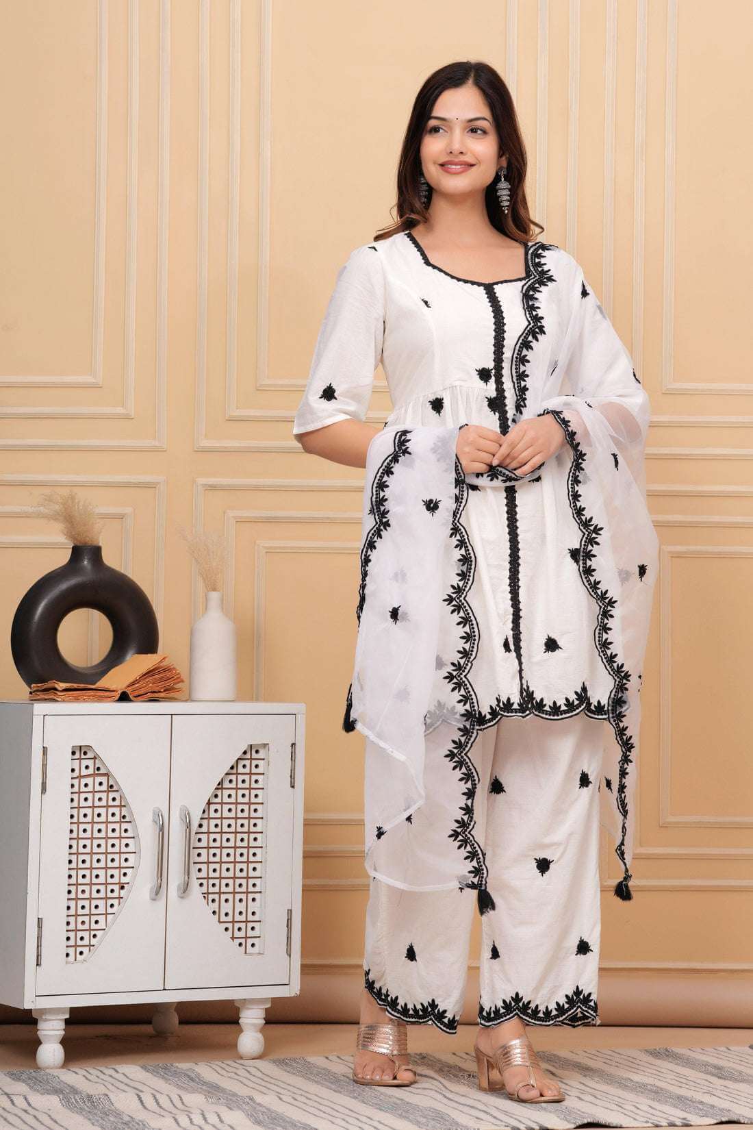 Women's Cotton Embroidery Work Straight Kurti with pant and Dupatta Set