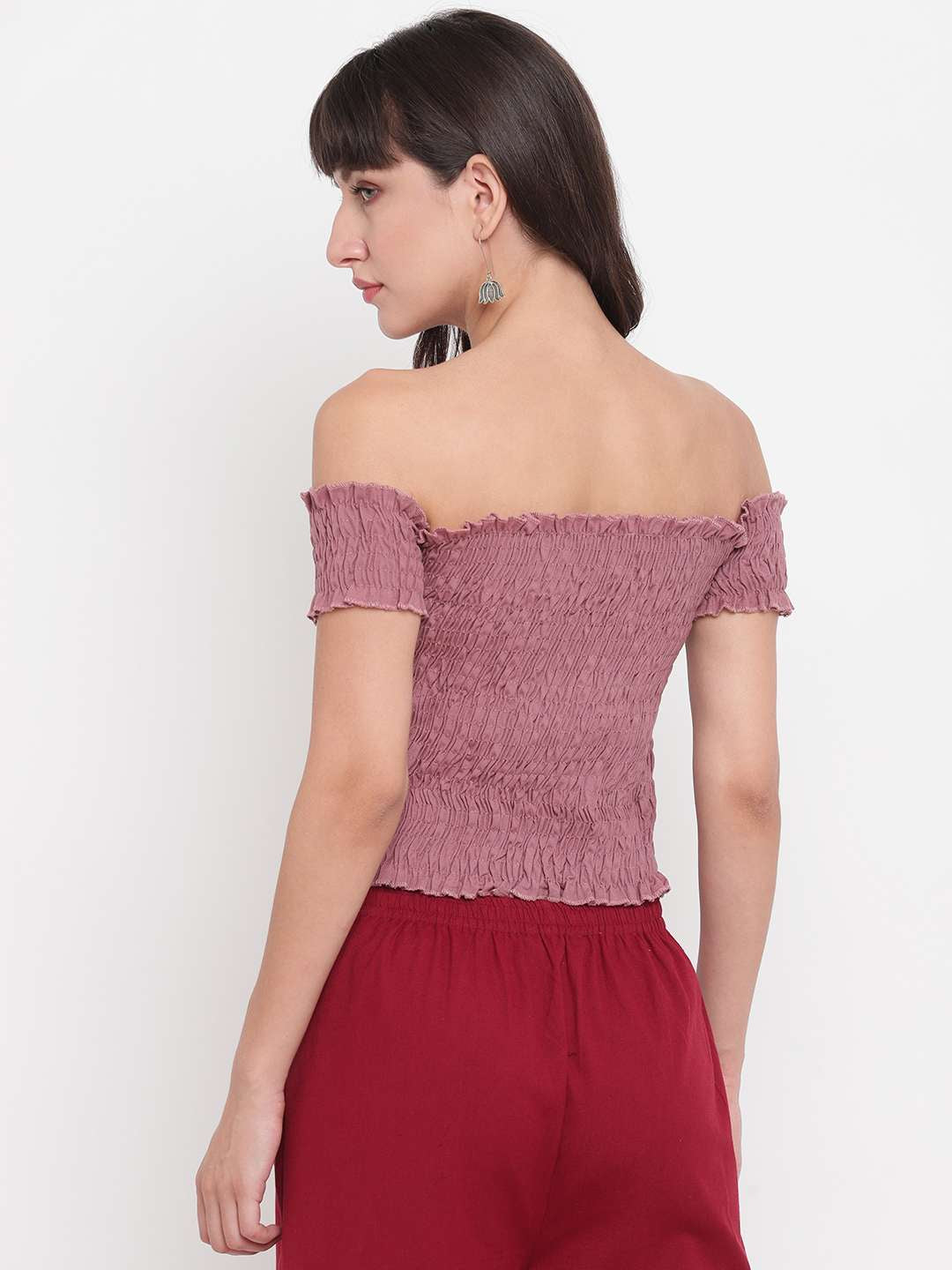 Women's Rayon Solid Off-Shoulder Smocked Crop Top Short Sleeve Casual Styles Tank Top (FREE SIZE) Multi29