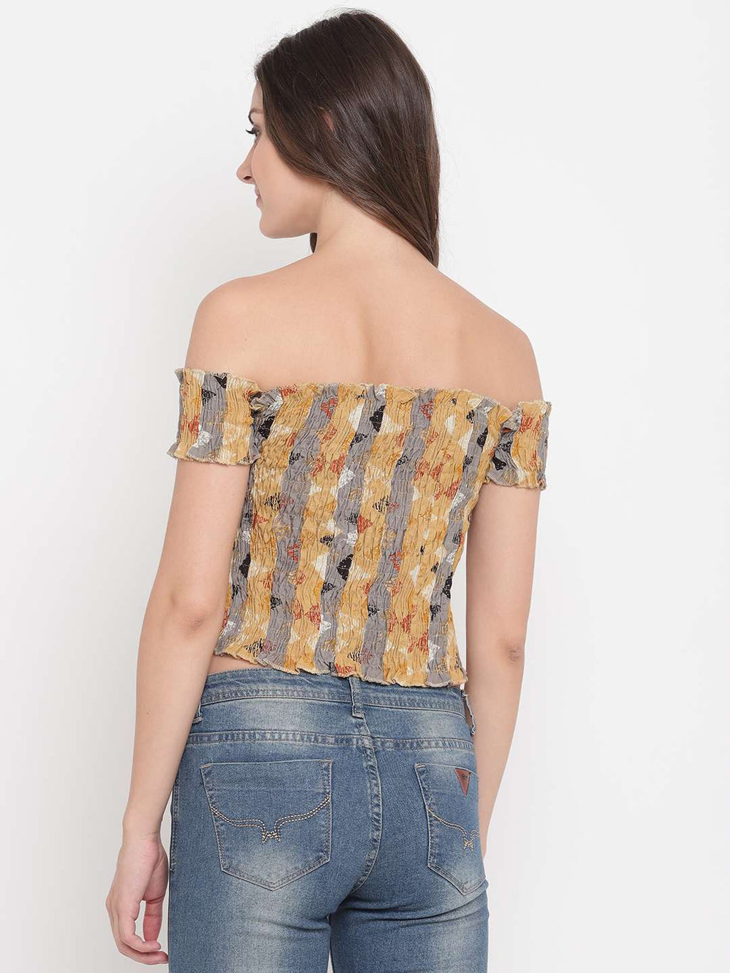 Women's Rayon Printed Off-Shoulder Smocked Crop Top Short Sleeve Casual Styles Tank Top (FREE SIZE) Multi40