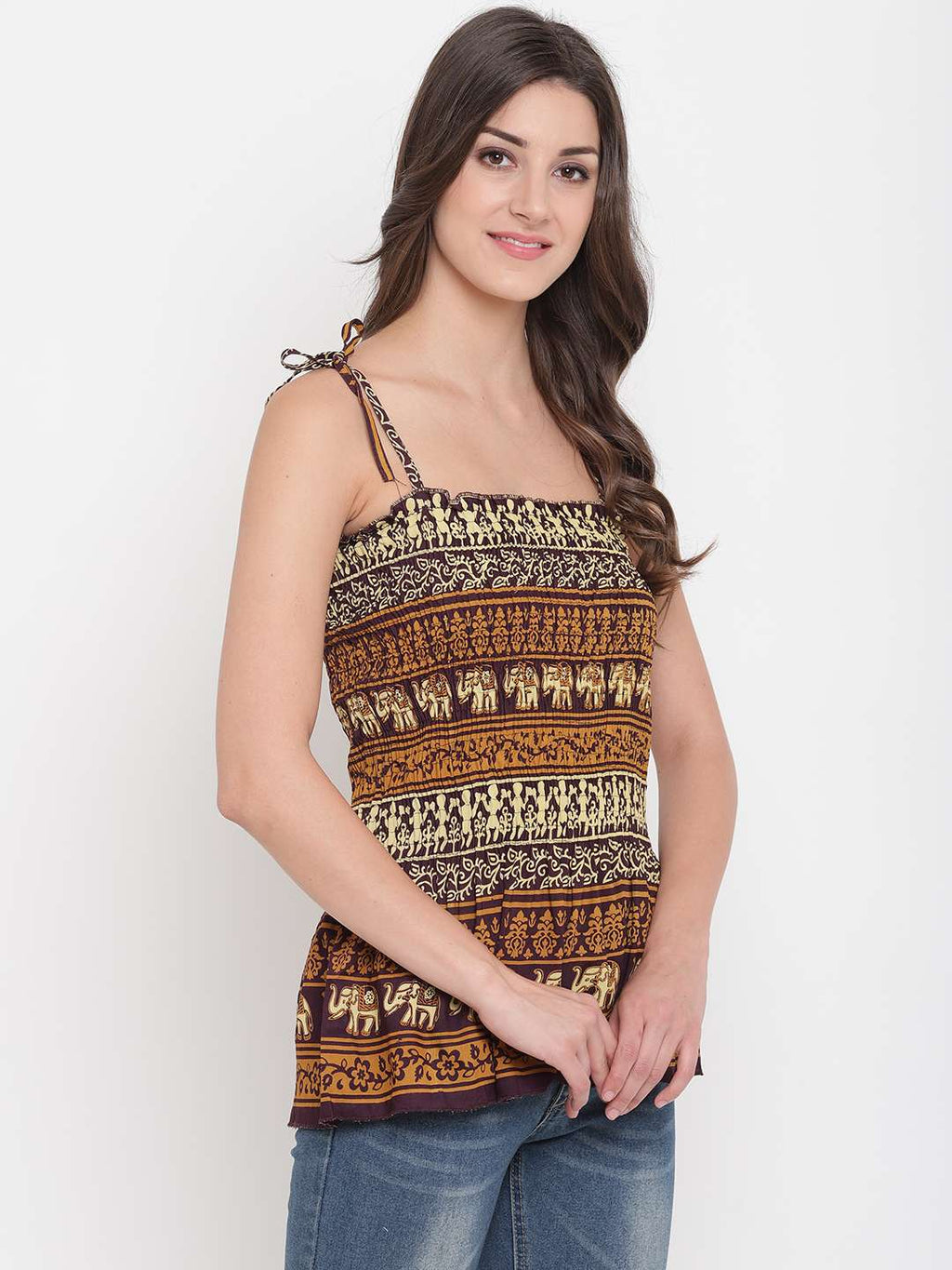 Women's Rayon Printed Casual Summer Style Tie Shoulder Straps Free Size Tank Top ( Multi5)