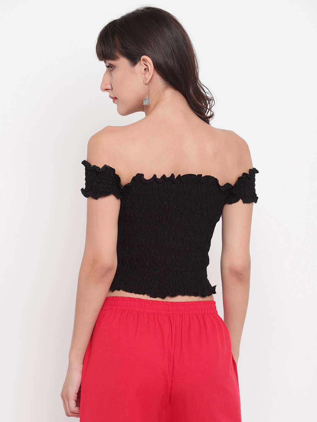 Women's Rayon Solid Off-Shoulder Smocked Crop Top Short Sleeve Casual Styles Tank Top (FREE SIZE) Multi18