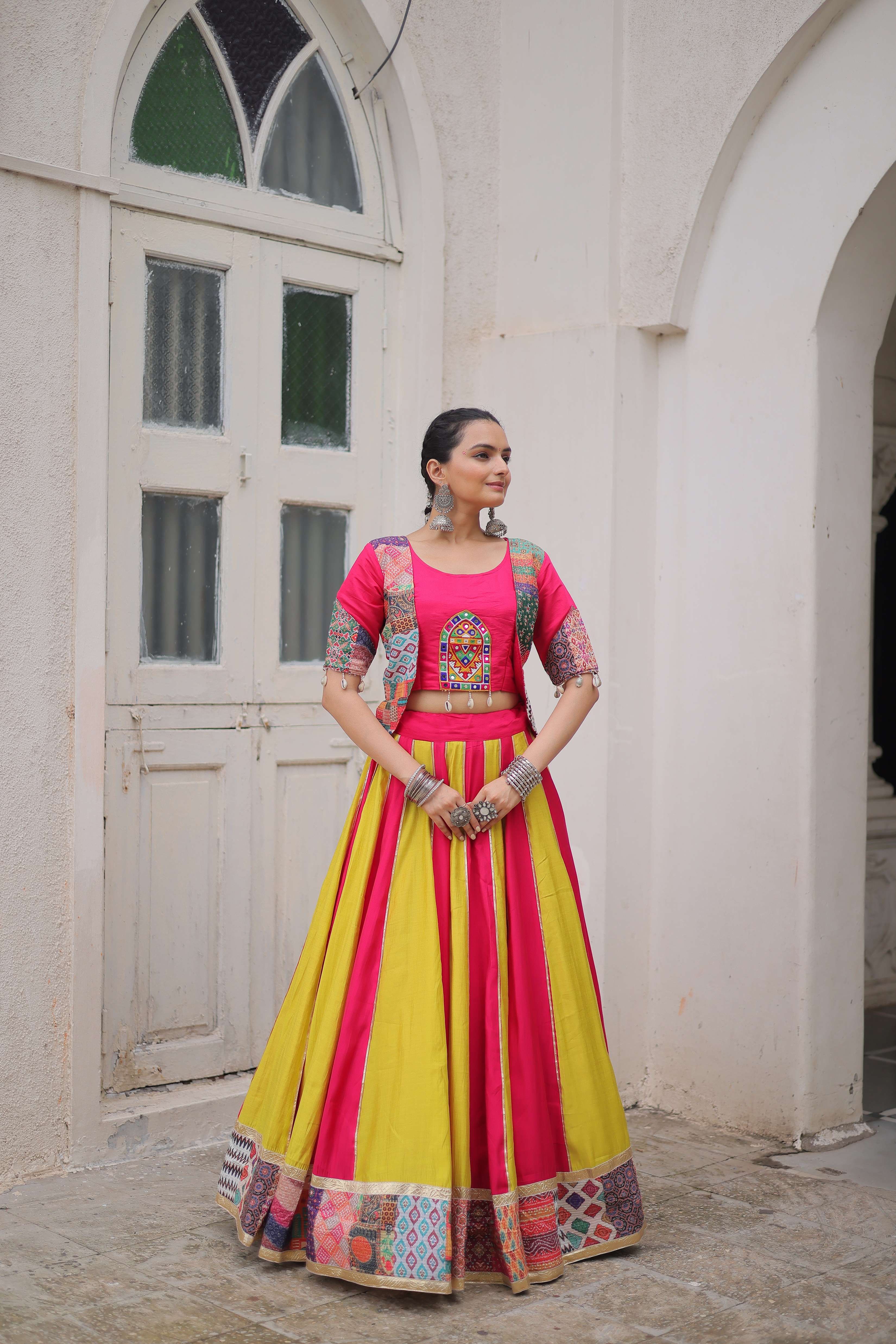 Roman Fabric Maslin Crochet Navratri Lehenga Choli Set