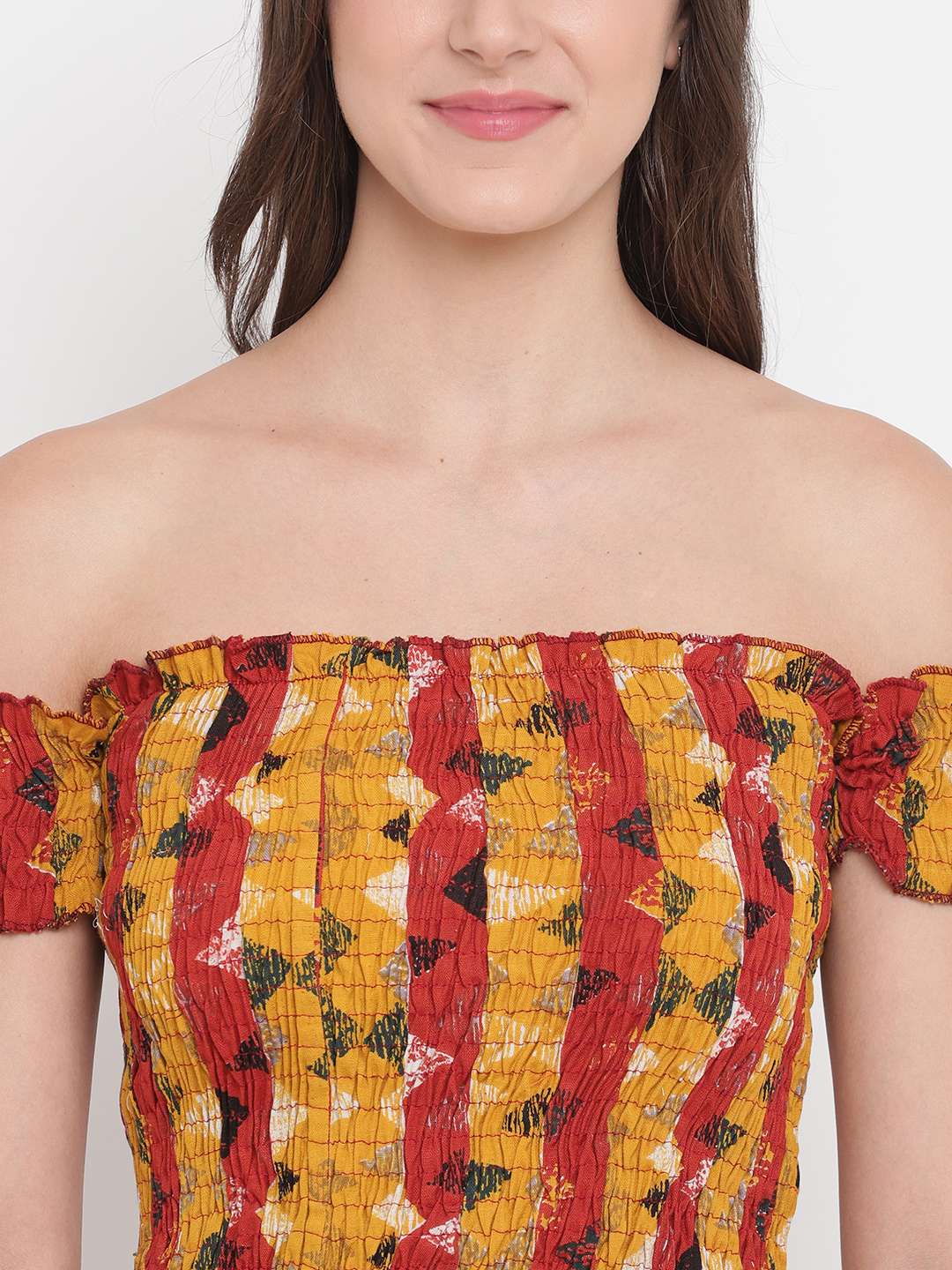 Women's Rayon Printed Off-Shoulder Smocked Crop Top Short Sleeve Casual Styles Tank Top (FREE SIZE) Multi39